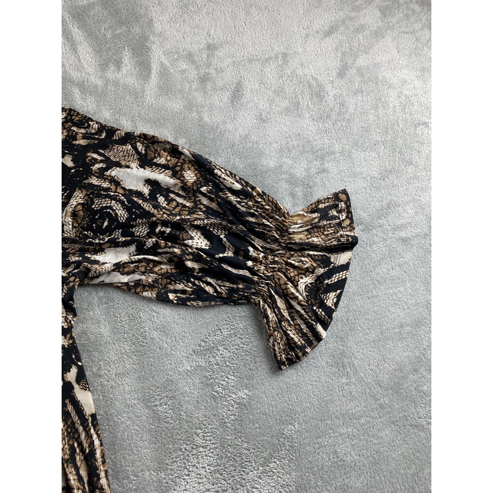 Worthington Woman Stretch Snakeskin Print Ruffle Tie Neck Blouse Plus 1X Brown - Picture 5 of 13
